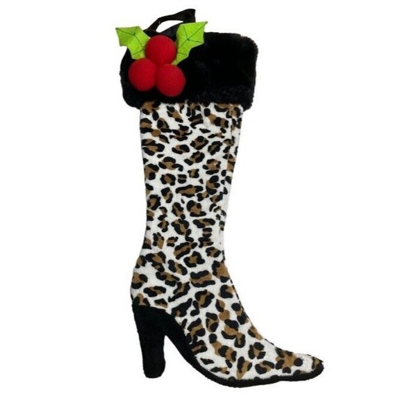 Russ Christmas Stocking Leopard Print High Heel Boot Diva Collectible Mantle EUC - Picture 1 of 8